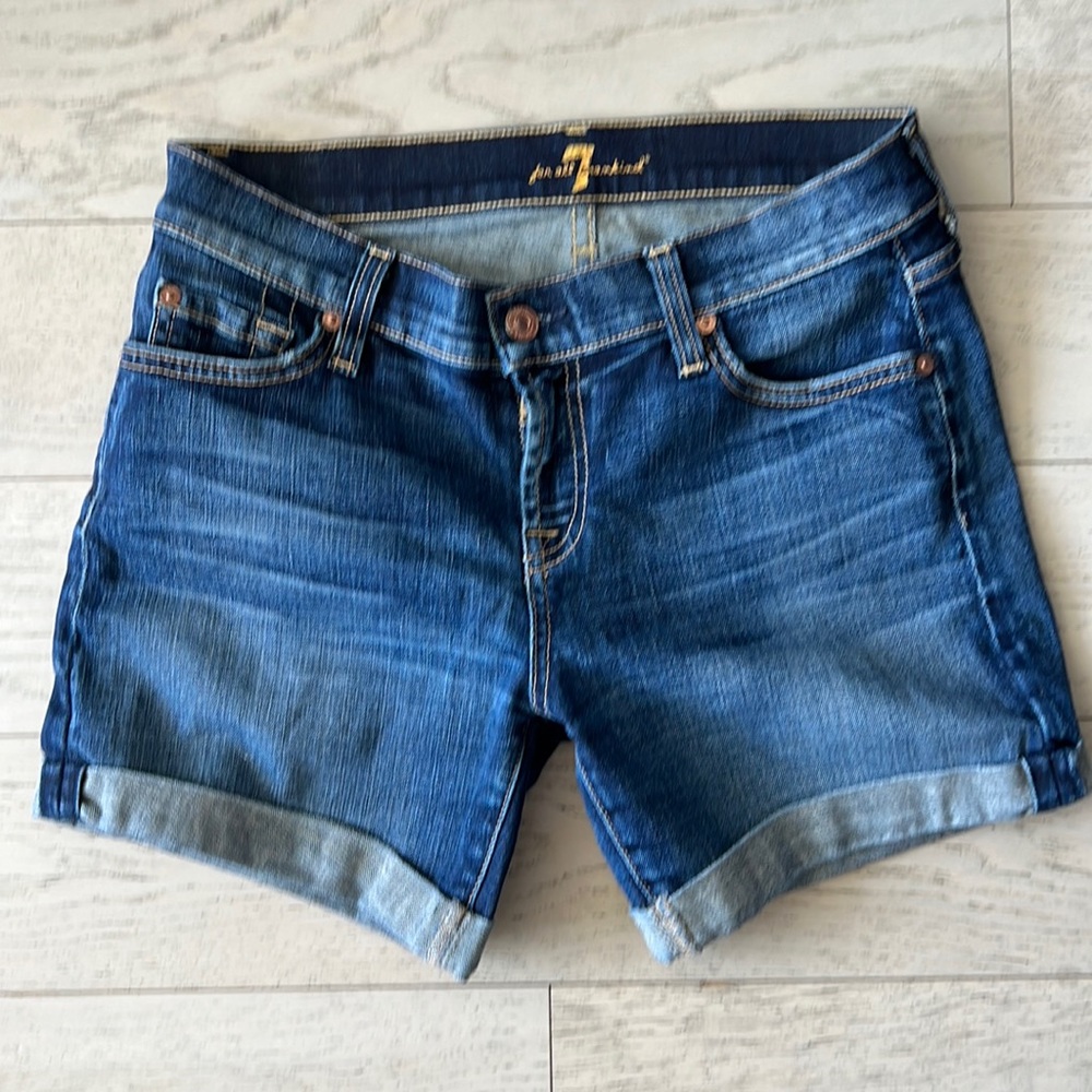 7 for all mankind mid rise cuffed denim stretch shorts